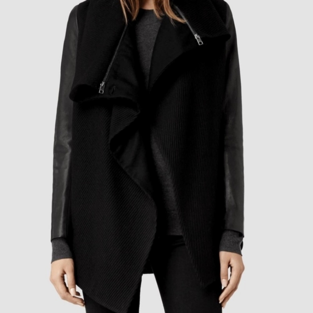ALL SAINTS Chai Wool Genuine Leather Mixed Media Black Jacket Size 0